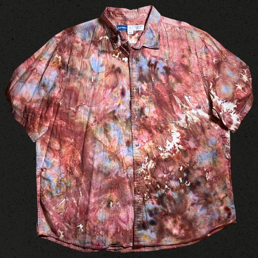 Custom Tie Dye Men’s 2XL Short Sleeve Linen Blend Button Down Shirt Red Brown